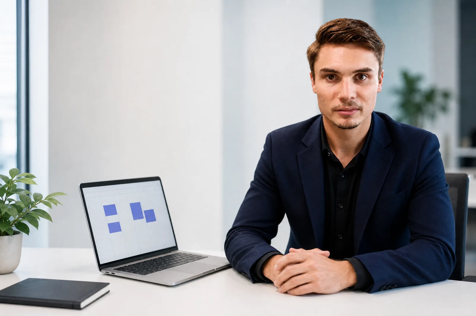 Logan, Chief Revenue Officer, at his desk with a booked calendar